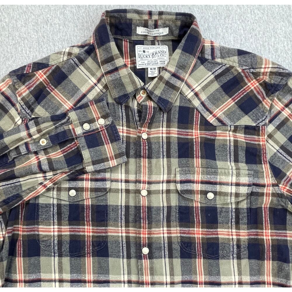Lucky Brand Shirt Mens Medium Plaid Western‎ Snap Button Flannel Classic Fit